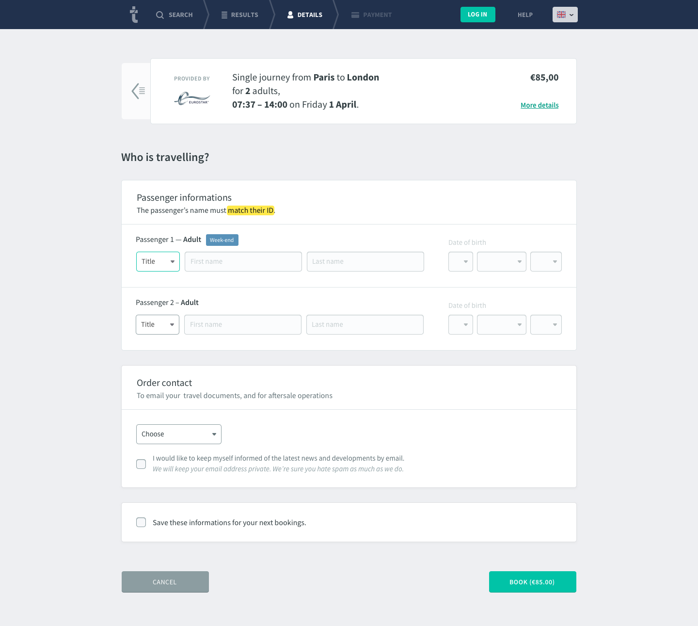 ticket booking without user account creation, passengers details