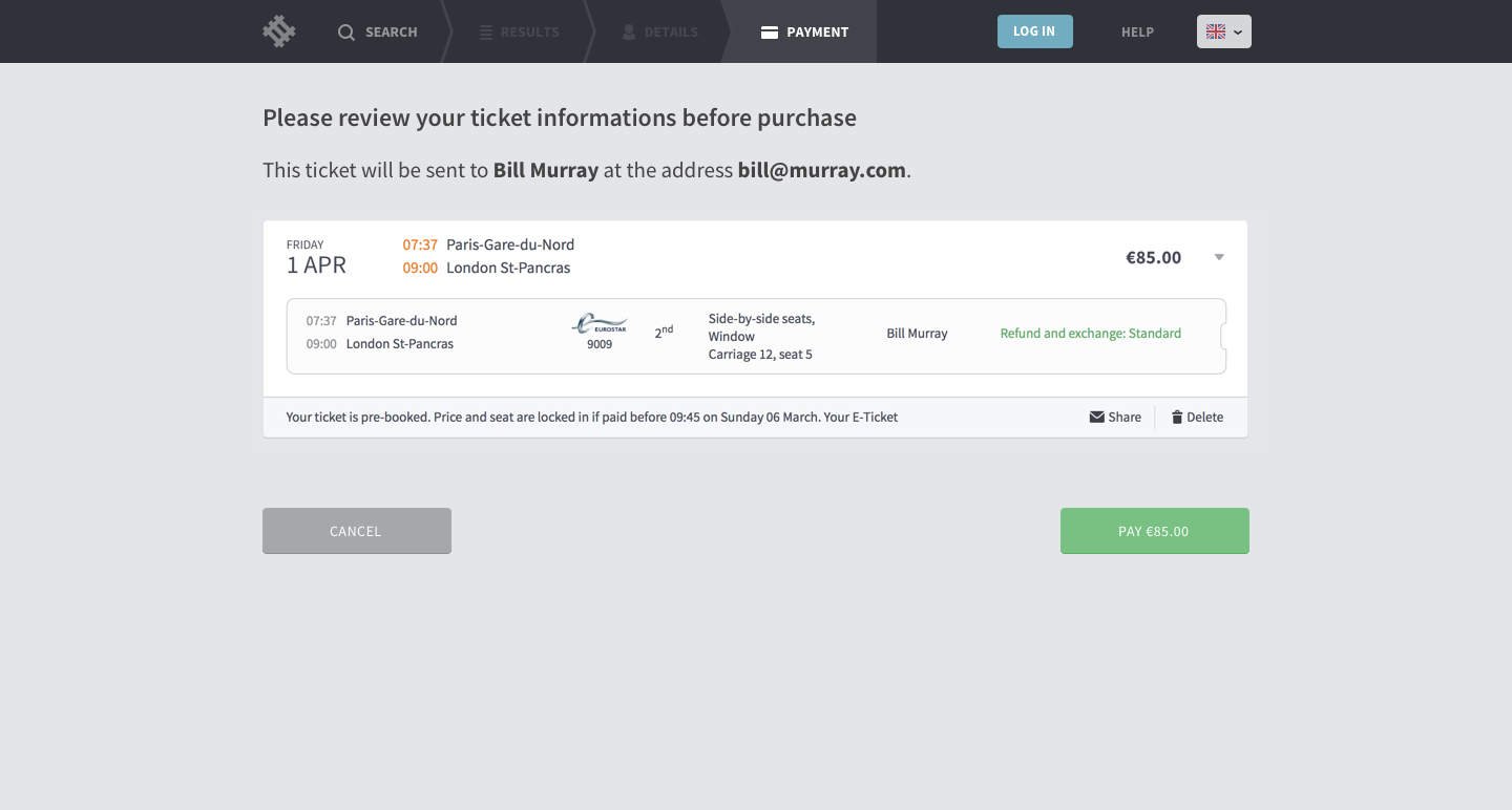 rticket booking without user account creation, checking information before sending booking confirmation by email