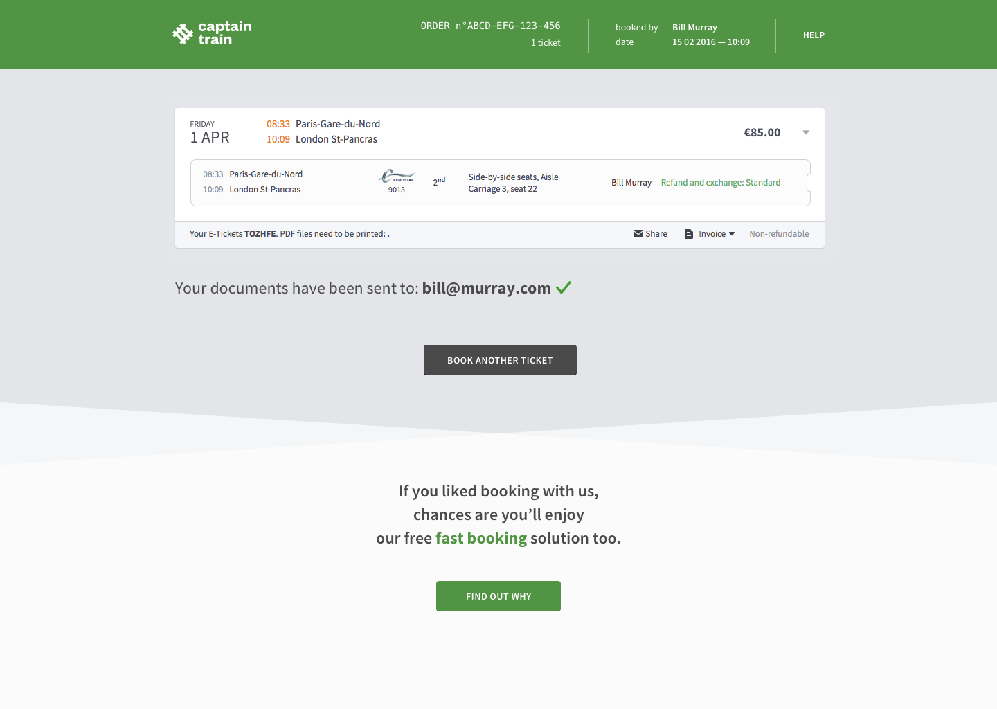 ticket booking without user account creation, ticket page with unique URL, used to convert to a user account