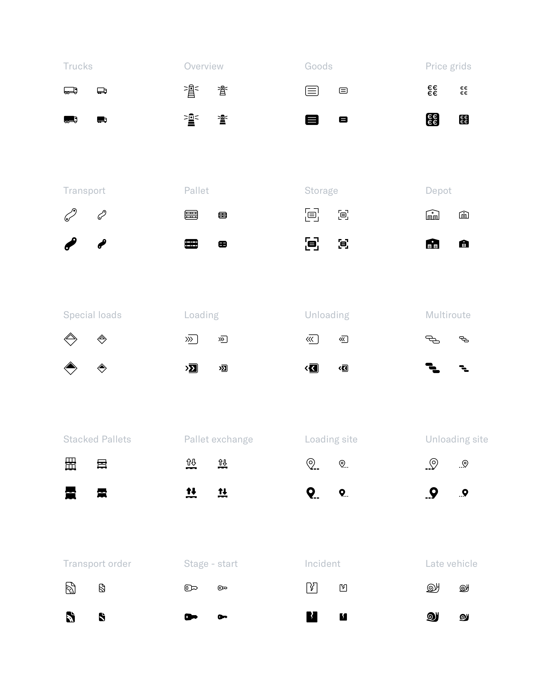 exemples d'icônes dessinées pour les interface de Fretlink'
